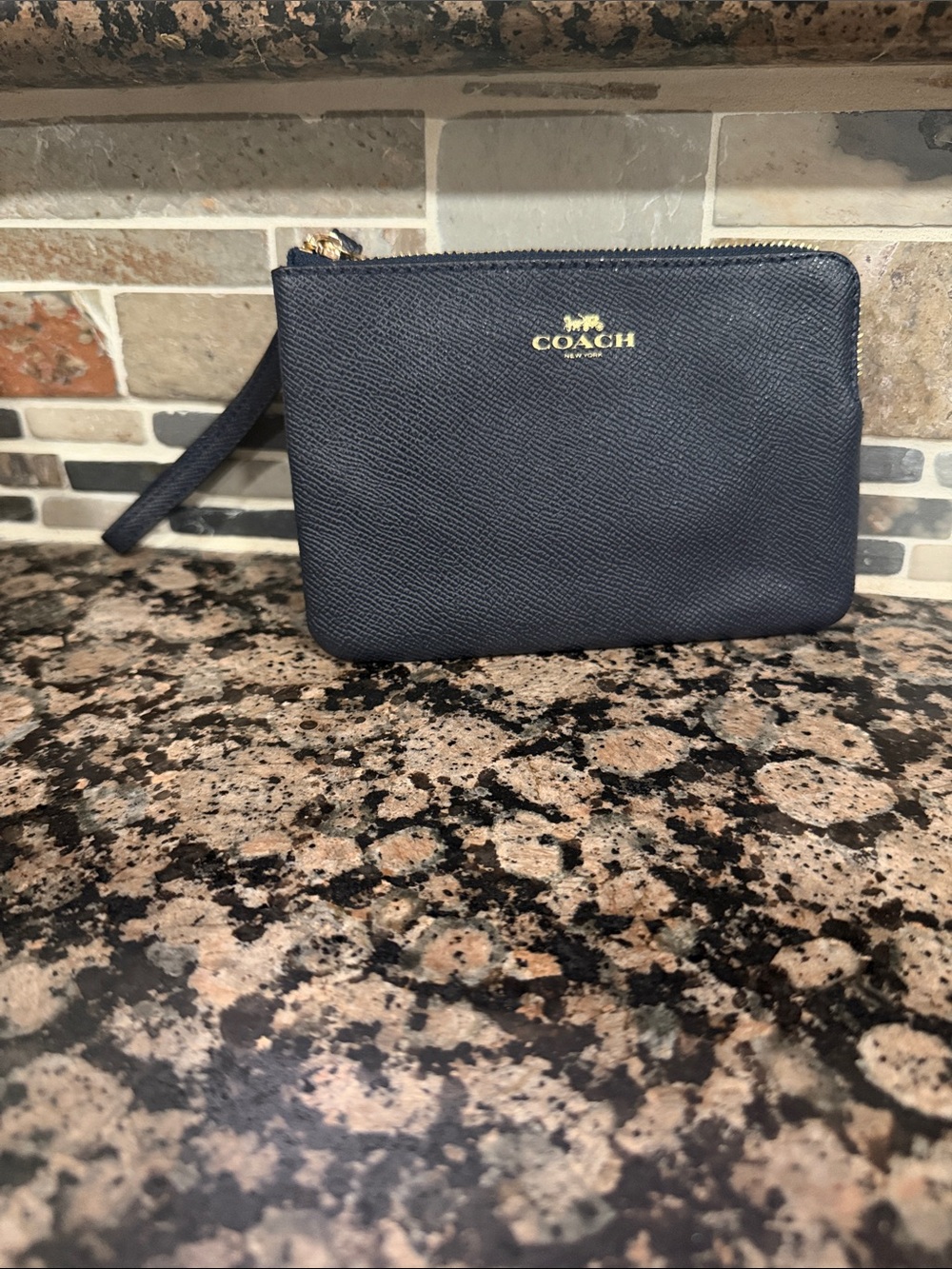 Coach Navy Saffiano Zip Wristlet with Gold Logo